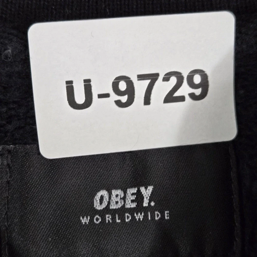 OBEY Men Sweatshirt M Black Chest Text Embroidery Colorblock Fleece 1/4 Zip Logo